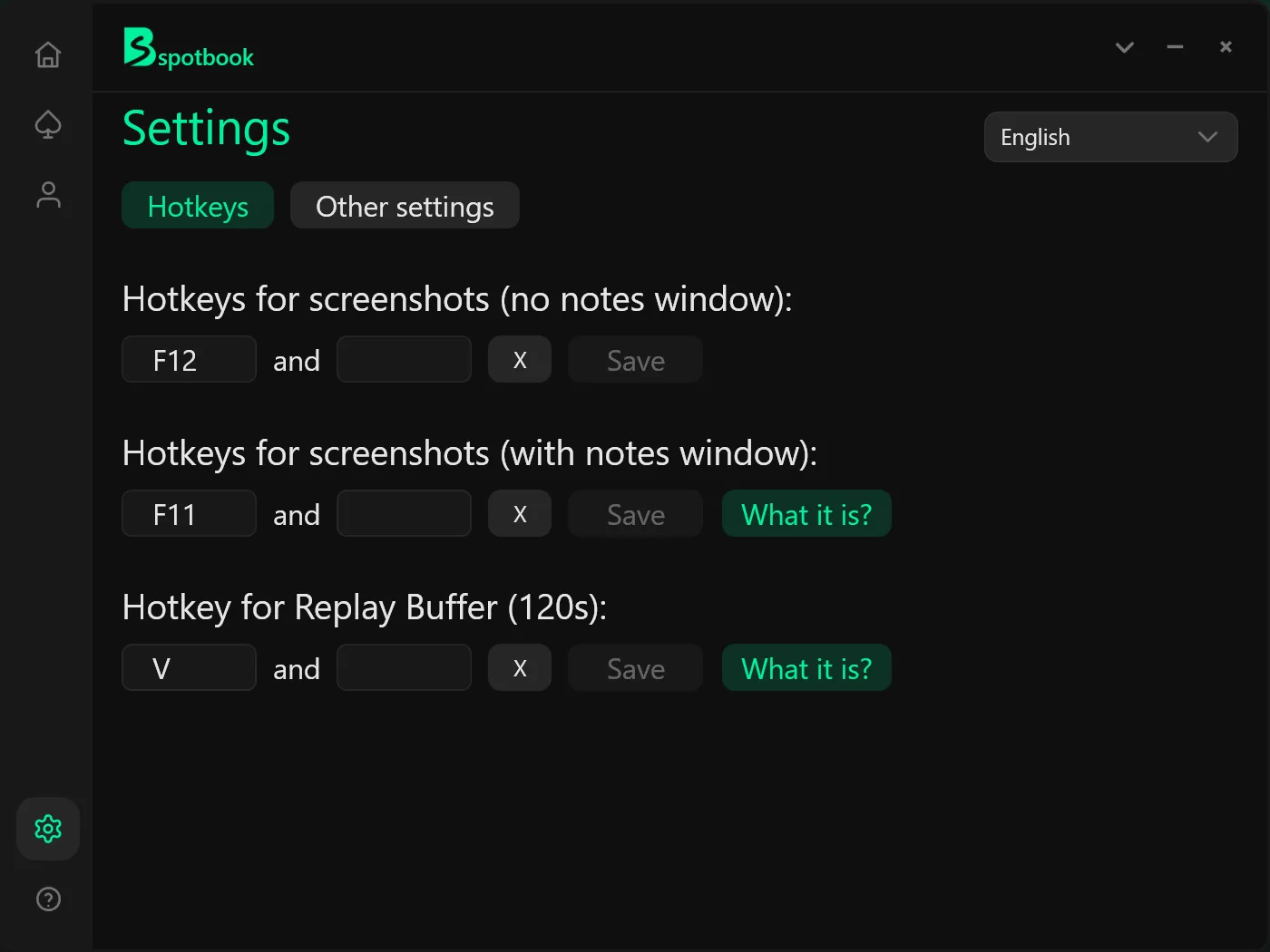 Spotbook Screenshotter: Settings tab